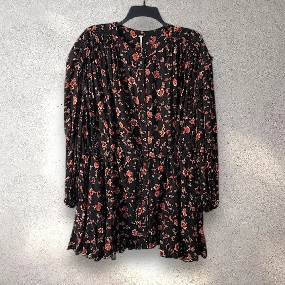 Free People Flower Fields Button Down Pleated Drawstring Waist Dress Black NWT